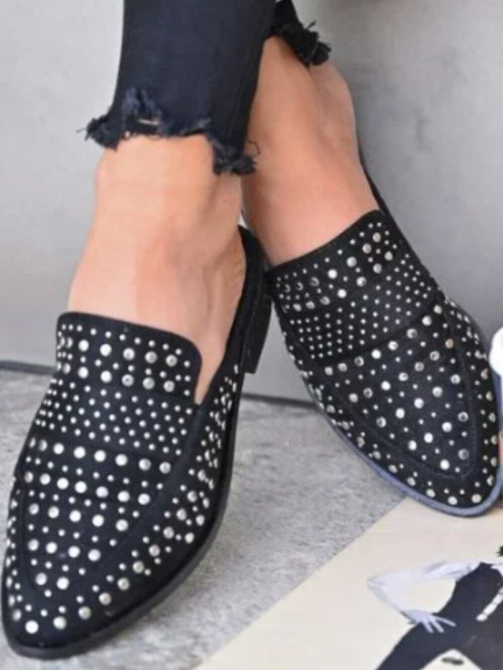 Beast Fashion Richie‎ Black Faux Suede Silver Studded Pointed Mules Sz 6.5 #178F